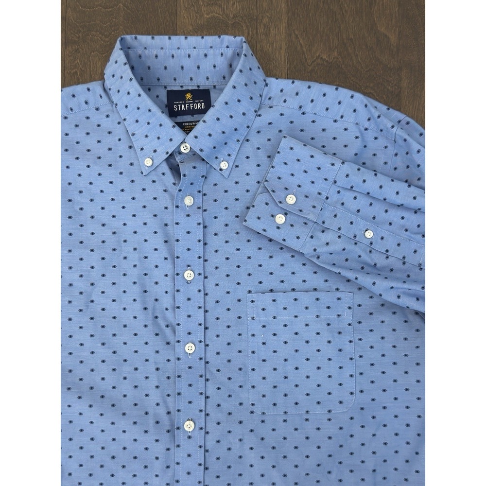 Stafford Executive Mens Fitted Button Down Blue Pinpoint Oxford Shirt Size 16.5